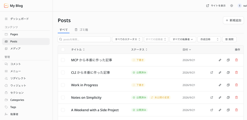 管理画面の Posts 一覧。CLI から作った記事のステータスが公開済みになっている